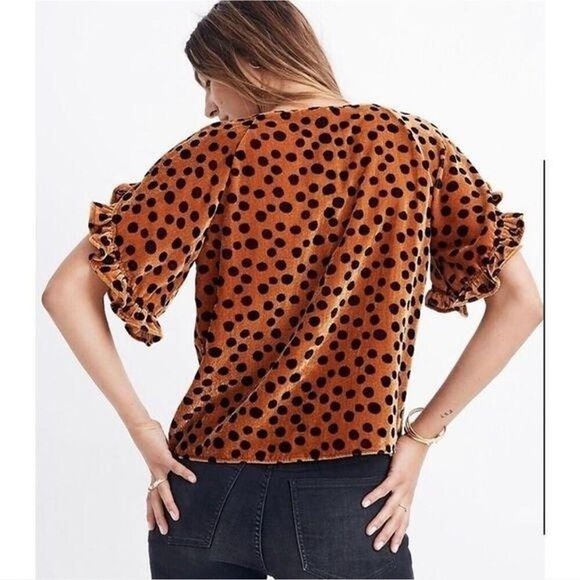 Madewell Velvet Memento Leopard Dot Ruffle Sleeve Top XL Burnt Orange Brown - Picture 2 of 13